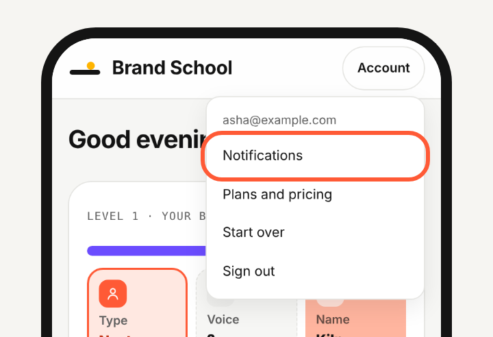 The Brand School Account menu open, with Notifications outlined.