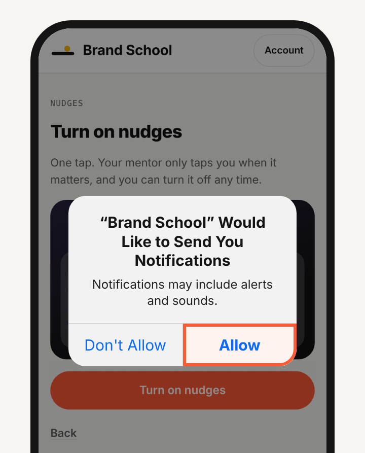 The phone asking whether Brand School can send notifications, with Allow outlined.