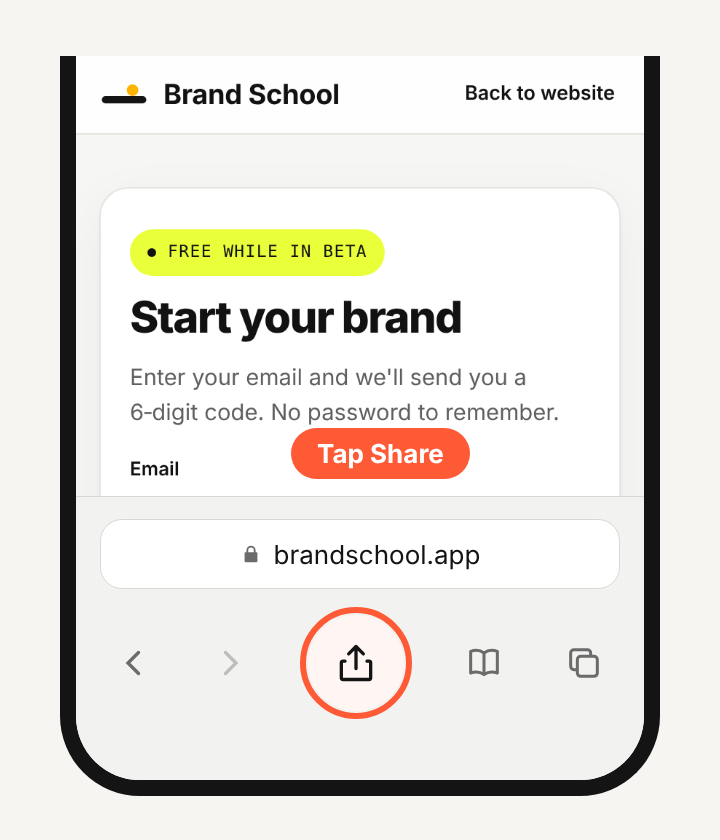 Brand School open in Safari at brandschool.app, with the Share button at the bottom circled.