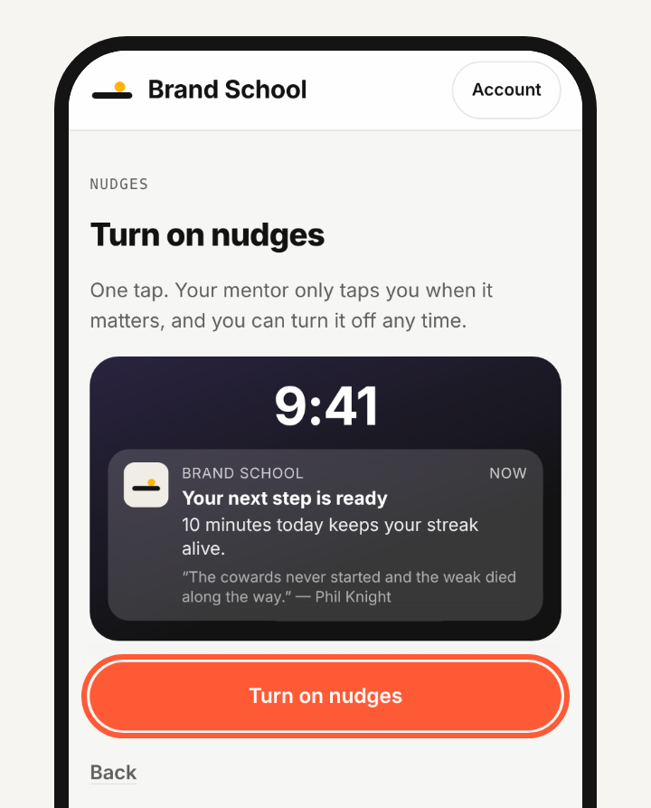 The Turn on nudges screen with the Turn on nudges button outlined.